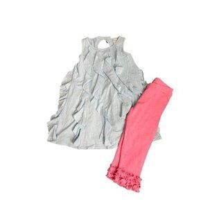 Fernandoreo Girls Light Blue Ruffle Tank Top & Pink Ruffle Trim Leggings Set Siz